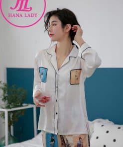 Pijama lụa tơ tằm cao cấp họa tiết cô gái PJ053 6 Pijama lụa tơ tằm cao cấp họa tiết cô gái PJ053 5