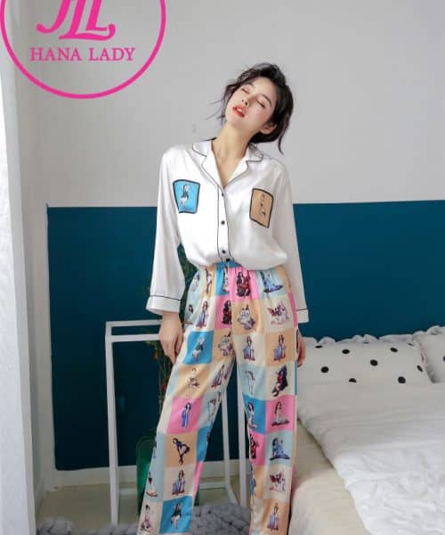 Pijama lụa tơ tằm cao cấp họa tiết cô gái PJ053 7 pijama cao cấp