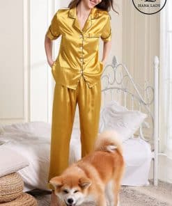 Pijama lụa vàng trơn cao cấp PJ189 3 Pijama lụa vàng trơn cao cấp PJ189 7
