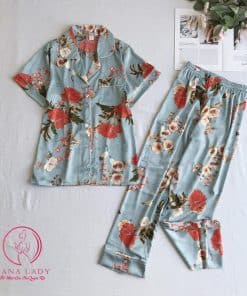 Pijama lụa tơ hoa xanh PJ233 5 Pijama lụa tơ hoa xanh PJ233 9
