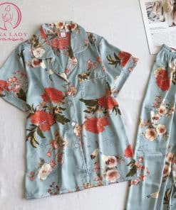 Pijama lụa tơ hoa xanh PJ233 3 Pijama lụa tơ hoa xanh PJ233 7