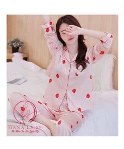 Pijama lụa họa tiết dâu cao cao cấp PJ229 3 Pijama lụa họa tiết dâu cao cao cấp PJ229 8