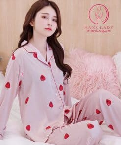Pijama lụa họa tiết dâu cao cao cấp PJ229 4 Pijama lụa họa tiết dâu cao cao cấp PJ229 9