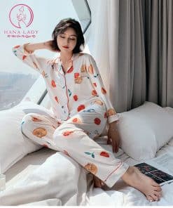 Pijama lụa cao cấp họa tiết quả cam PJ228 10
