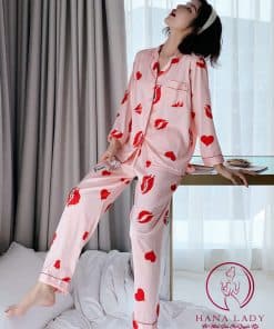 Pijama lụa tơ cao cấp họ tiết môi son hồng PJ245 11
