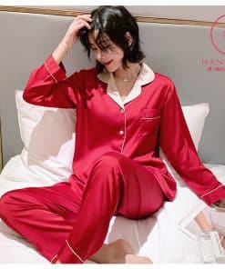 Pijama lụa tơ cao cấp đỏ trơn phối cổ sang trọng PJ246 10