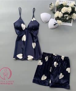 Bộ ngủ lụa 2 dây trái tim xanh siêu yêu (tặng kèm mút ngực) PJ254 9