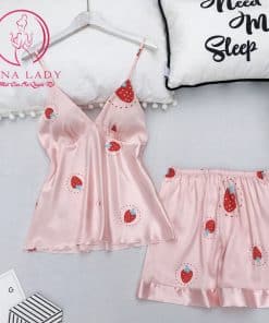 Đồ ngủ lụa bộ 2 dây dâu tây hồng siêu xinh PJ252 (tặng kèm mút ngực) 5