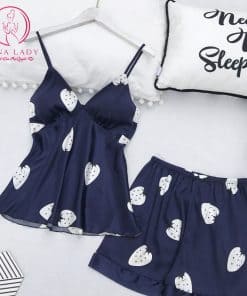 Bộ ngủ lụa 2 dây trái tim xanh siêu yêu (tặng kèm mút ngực) PJ254 7