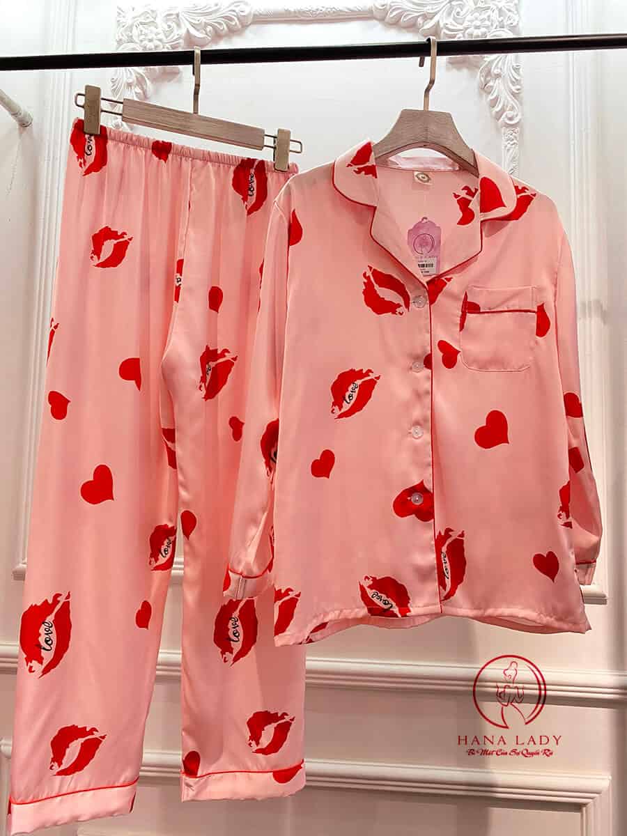 Pijama lụa tơ cao cấp họ tiết môi son hồng PJ245 13
