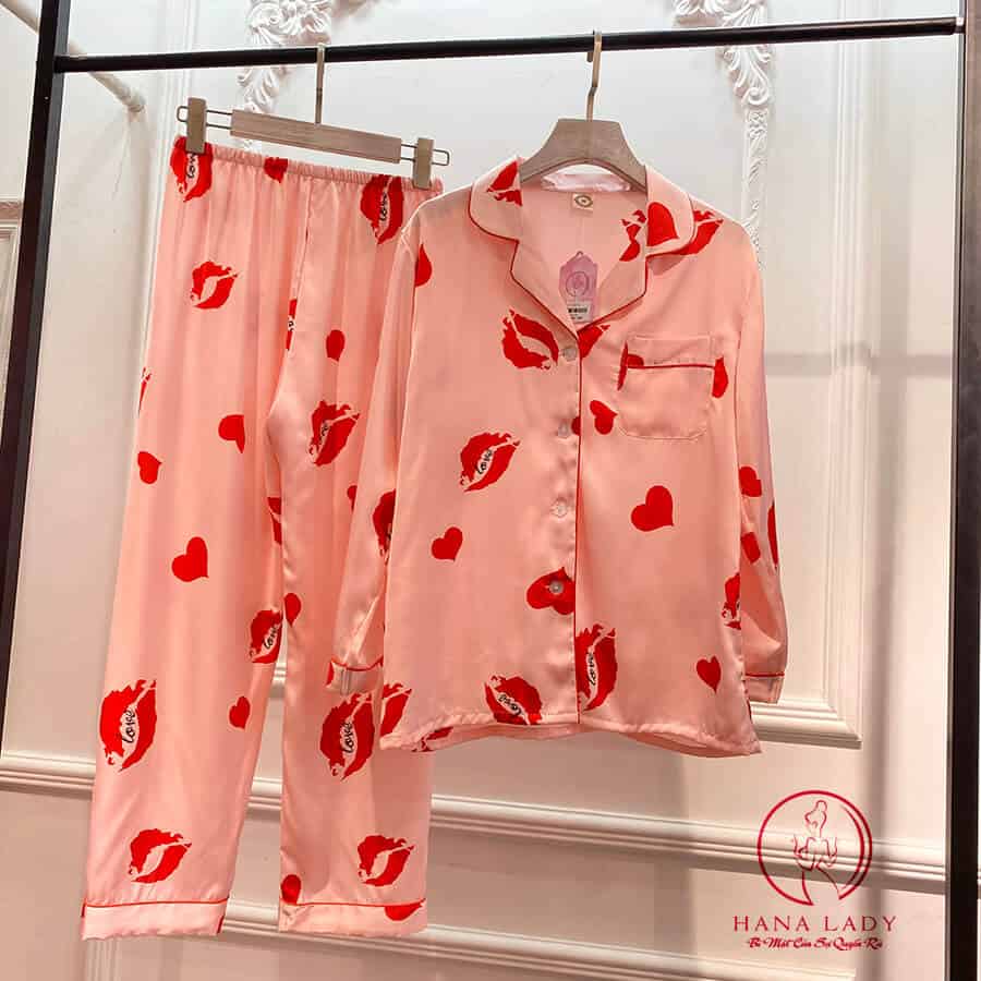 Pijama lụa tơ cao cấp họ tiết môi son hồng PJ245 12