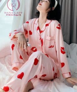 Pijama lụa tơ cao cấp họ tiết môi son hồng PJ245 9