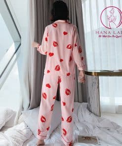 Pijama lụa tơ cao cấp họ tiết môi son hồng PJ245 8