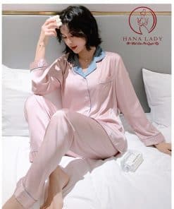 Pijama lụa cao cấp hồng phối cổ xanh PJ243 5 Pijama lụa cao cấp hồng phối cổ xanh PJ243 10