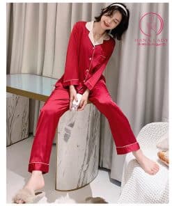 Pijama lụa tơ cao cấp đỏ trơn phối cổ sang trọng PJ246 8