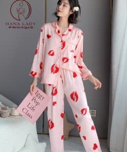 Pijama lụa tơ cao cấp họ tiết môi son hồng PJ245 10