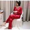 Pijama lụa tơ cao cấp đỏ trơn phối cổ sang trọng PJ246 1
