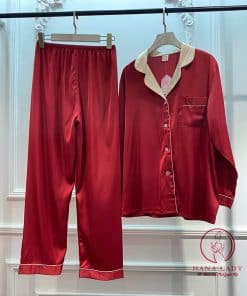 Pijama lụa tơ cao cấp đỏ trơn phối cổ sang trọng PJ246 11