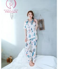 Pijama lụa tơ cao cấp họa tiết lá nền hồng nhạt PJ261 9