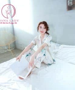 Pijama lụa tằm họa tiết lá xanh nhã nhặn PJ257 5 Pijama lụa tằm họa tiết lá xanh nhã nhặn PJ257 11
