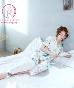 Pijama lụa tằm họa tiết lá xanh nhã nhặn PJ257 3 Pijama lụa tằm họa tiết lá xanh nhã nhặn PJ257 9