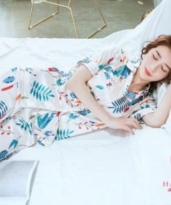 Pijama lụa tơ cao cấp họa tiết lá nền hồng nhạt PJ261 7