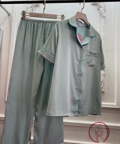 Pijama lụa tay cộc xanh trơn thêu túi PJ270 7