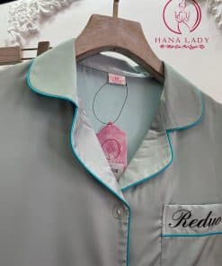 Pijama lụa tay cộc xanh trơn thêu túi PJ270 8