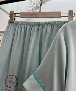 Pijama lụa tay cộc xanh trơn thêu túi PJ270 9