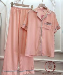 Pijama lụa tơ hồng phấn trơn thêu túi PJ269 5 Pijama lụa tơ hồng phấn trơn thêu túi PJ269 9
