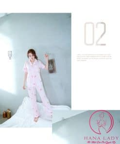 Pijama lụa tơ cao cấp họa tiết sếu hồng PJ258 5 Pijama lụa tơ cao cấp họa tiết sếu hồng PJ258 9