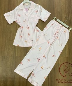 Pijama lụa tơ cao cấp họa tiết sếu hồng PJ258 3 Pijama lụa tơ cao cấp họa tiết sếu hồng PJ258 7