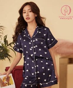 Pijama lụa tơ cao cấp họa tiết tim xanh PJ274 4 Pijama lụa tơ cao cấp họa tiết tim xanh PJ274 8