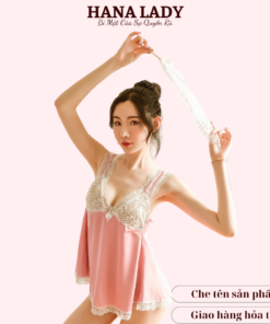 Váy ngủ lụa sexy phối ren hồng hở mông cao cấp VN355 14