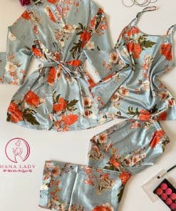 Bộ ngủ lụa tơ kèm choàng hoa xanh cao cấp PJ280 19