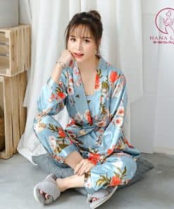 Bộ ngủ lụa tơ kèm choàng hoa xanh cao cấp PJ280 13