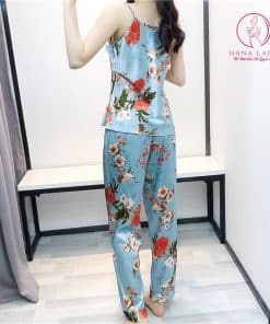 Bộ ngủ lụa tơ kèm choàng hoa xanh cao cấp PJ280 16