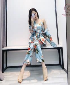 Bộ ngủ lụa tơ kèm choàng hoa xanh cao cấp PJ280 14