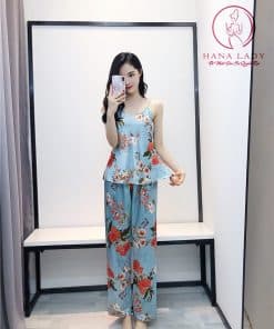 Bộ ngủ lụa tơ kèm choàng hoa xanh cao cấp PJ280 18