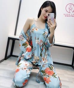 Bộ ngủ lụa tơ kèm choàng hoa xanh cao cấp PJ280 15