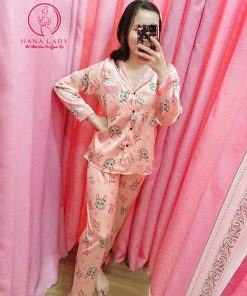 Pijama lụa satin họa tiết mèo hồng PJ291 6 Pijama lụa satin họa tiết mèo hồng PJ291 12