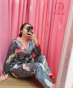 Pijama lụa satin họa tiết chim hạc PJ290 4 Pijama lụa satin họa tiết chim hạc PJ290 11