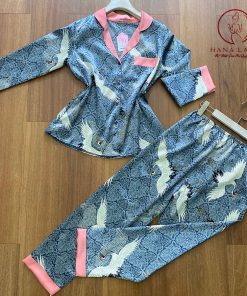 Pijama lụa satin họa tiết chim hạc PJ290 3 Pijama lụa satin họa tiết chim hạc PJ290 10