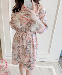 Áo choàng ngủ lụa hoa hồng VN376 4 Áo choàng ngủ lụa hoa hồng VN376 8