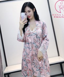 Áo choàng ngủ lụa hoa hồng VN376 5 Áo choàng ngủ lụa hoa hồng VN376 9