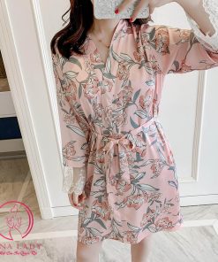 Áo choàng ngủ lụa hoa hồng VN376 3 Áo choàng ngủ lụa hoa hồng VN376 7