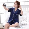 Pijama phi lụa cao cấp xanh basic PJ028 1 Pijama phi lụa cao cấp xanh basic PJ028 1