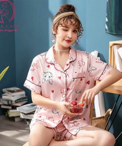 Pijama lụa tơ họa tiết mèo tim hồng cute PJ349 7
