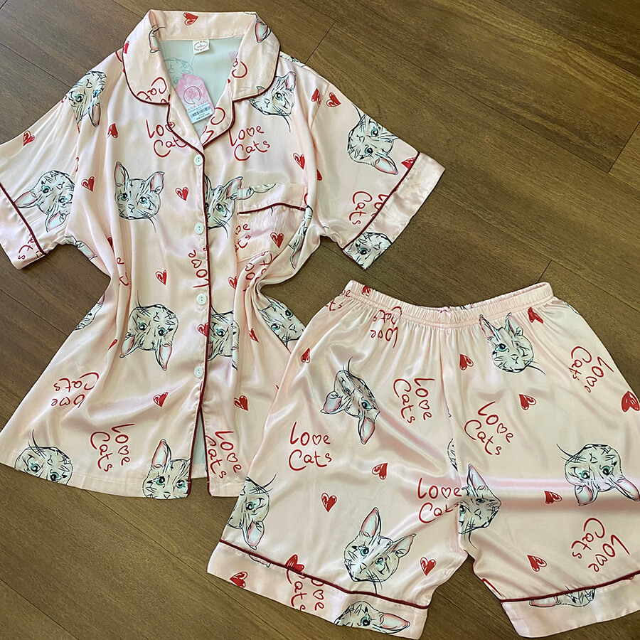 Pijama lụa tơ họa tiết mèo tim hồng cute PJ349 12