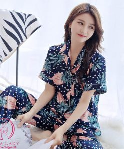 Pijama lụa tơ tay cộc họa tiết quả thơm xanh PJ348 3 Pijama lụa tơ tay cộc họa tiết quả thơm xanh PJ348 8